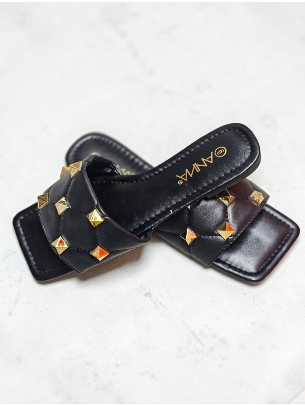 Black Quilted Slides With Gold Studded Detail For Women - Square Toe Slip-On San - Picture 2 of 10